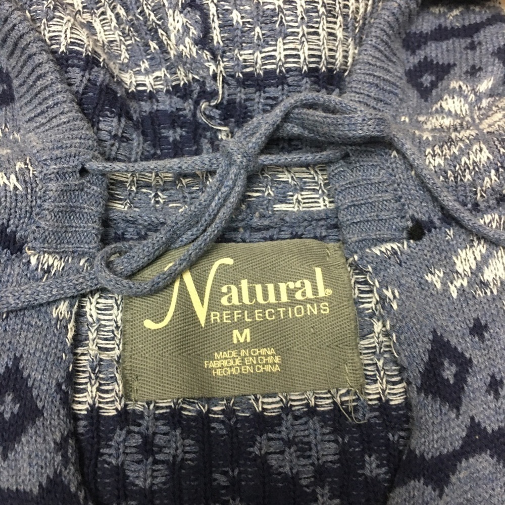 Fair Isle Nordic Hooded Sweater 100% Cotton Blue Cottagecore Cabin Core Pullover - Picture 2 of 8